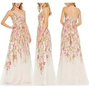 Mac Duggal 5671 V Neck Floral Embellished Evening Gown Maxi US 16 NWT Oyster